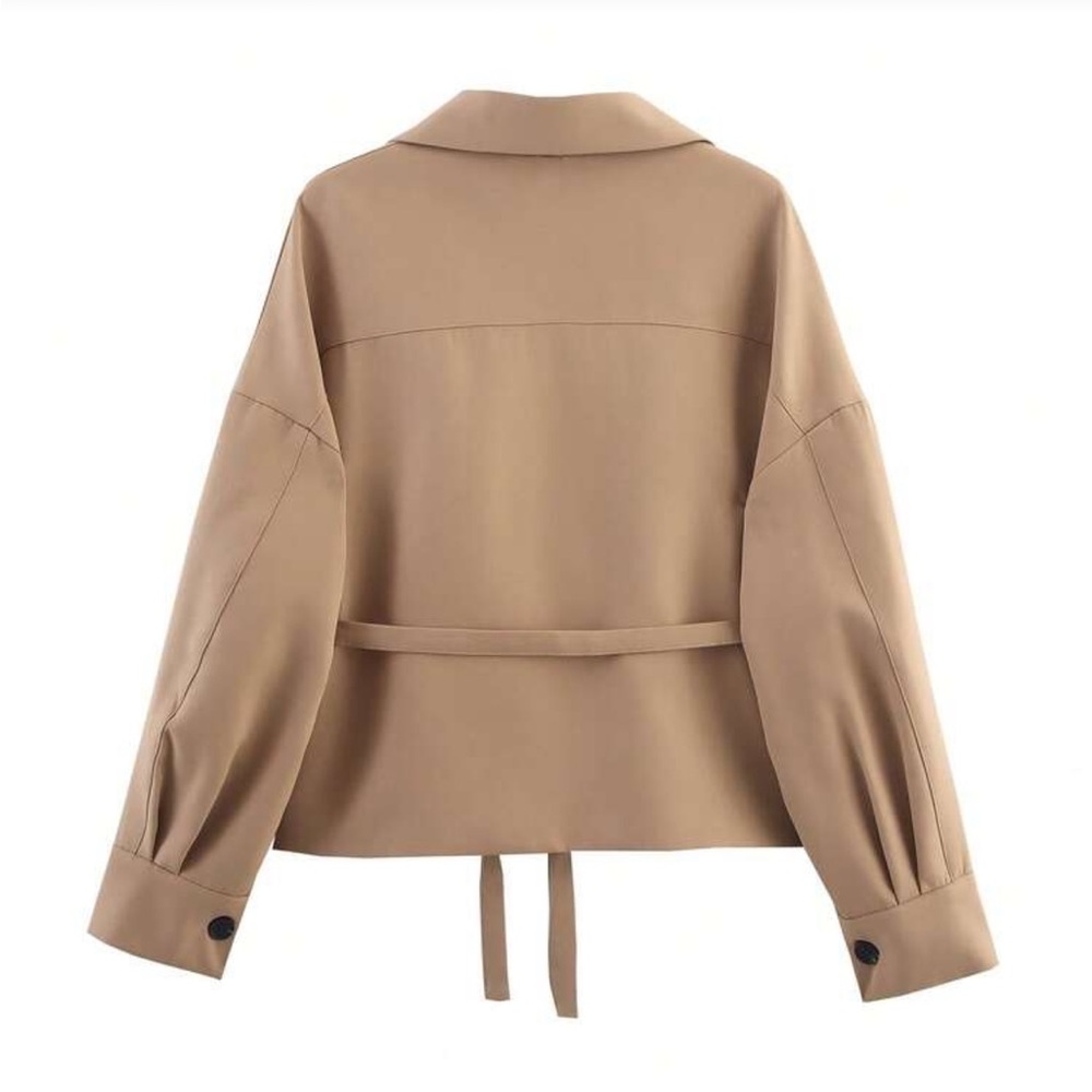 Tan brown belted tie wrap string belt oversized trench coat jacket - Picture 7 of 7